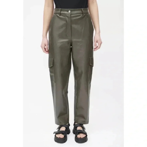 Size 00 Aritzia Wilfred Faux Leather Modern Cargo Pockets Ankle Grey Pan… - Picture 1 of 11